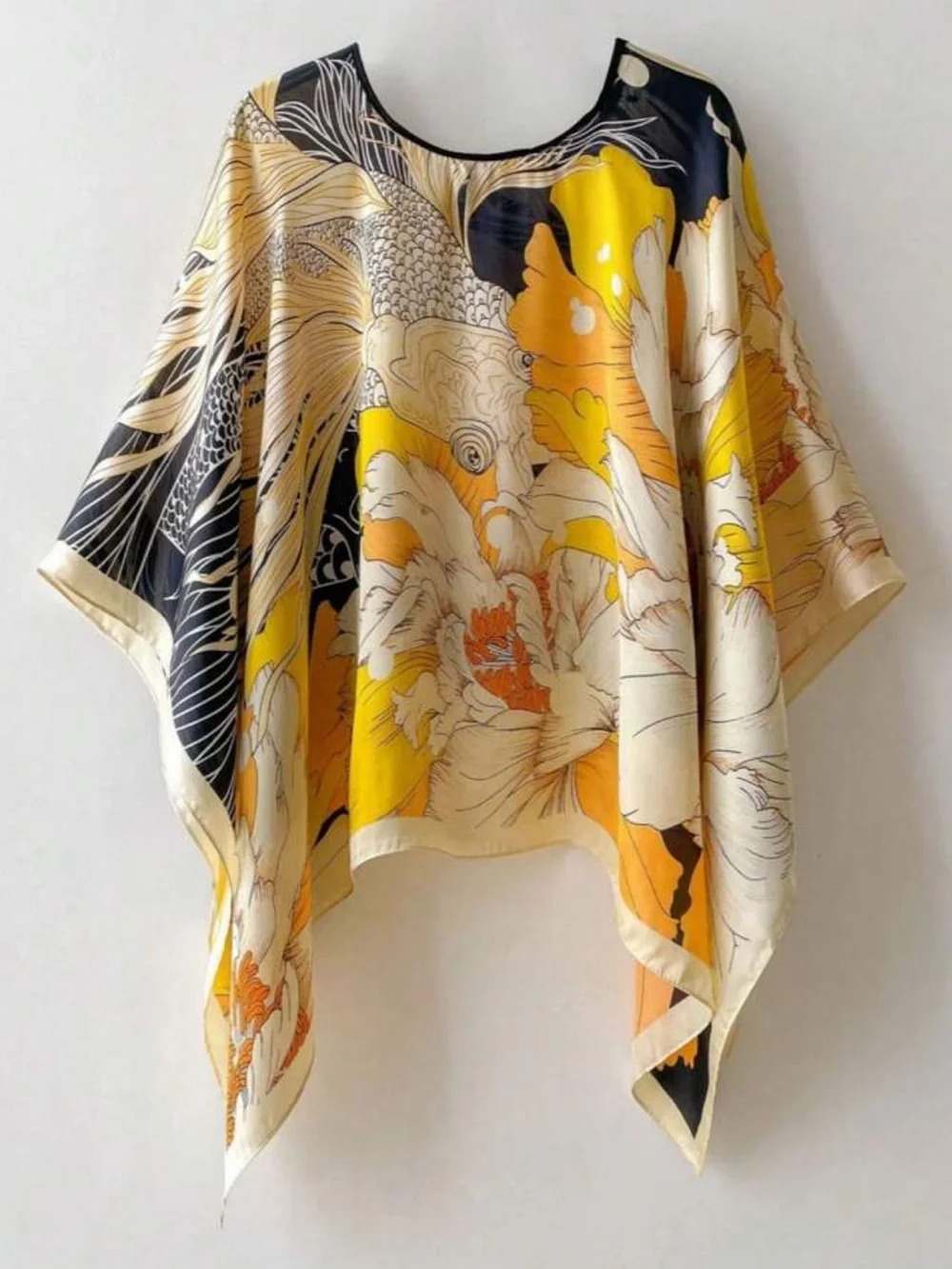 Floral Print Silk-Look Poncho Top in Yellow & Black Shawl